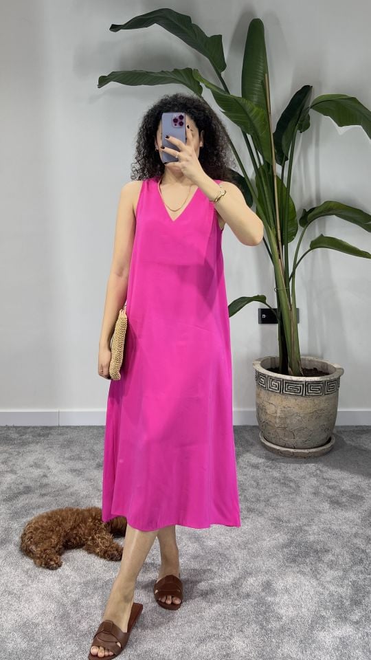 PEMBE BOL KESİM MİDİ TENSEL ELBİSE