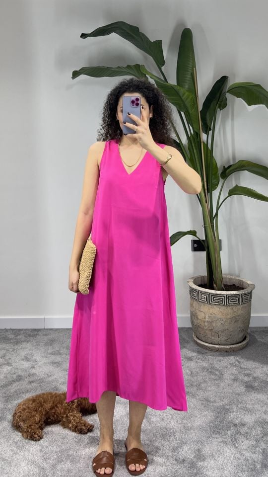 PEMBE BOL KESİM MİDİ TENSEL ELBİSE