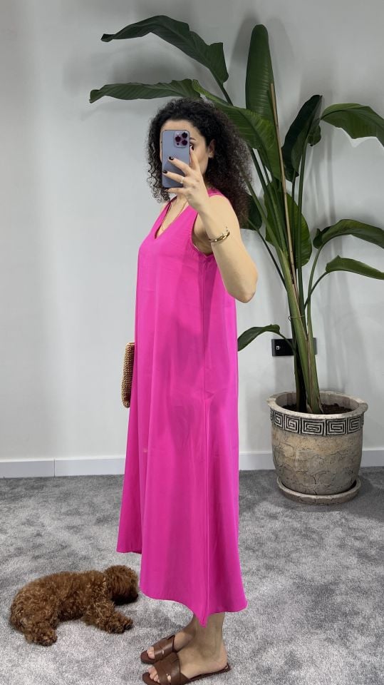 PEMBE BOL KESİM MİDİ TENSEL ELBİSE