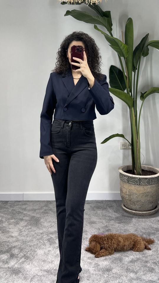 Lacivert Crop Blazer Ceket
