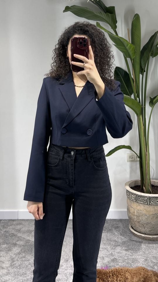 Lacivert Crop Blazer Ceket