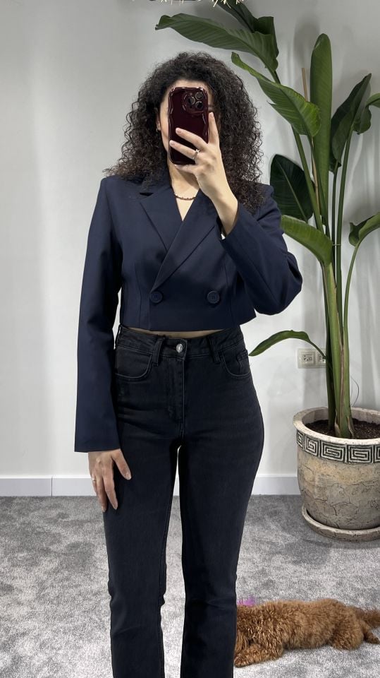 Lacivert Crop Blazer Ceket