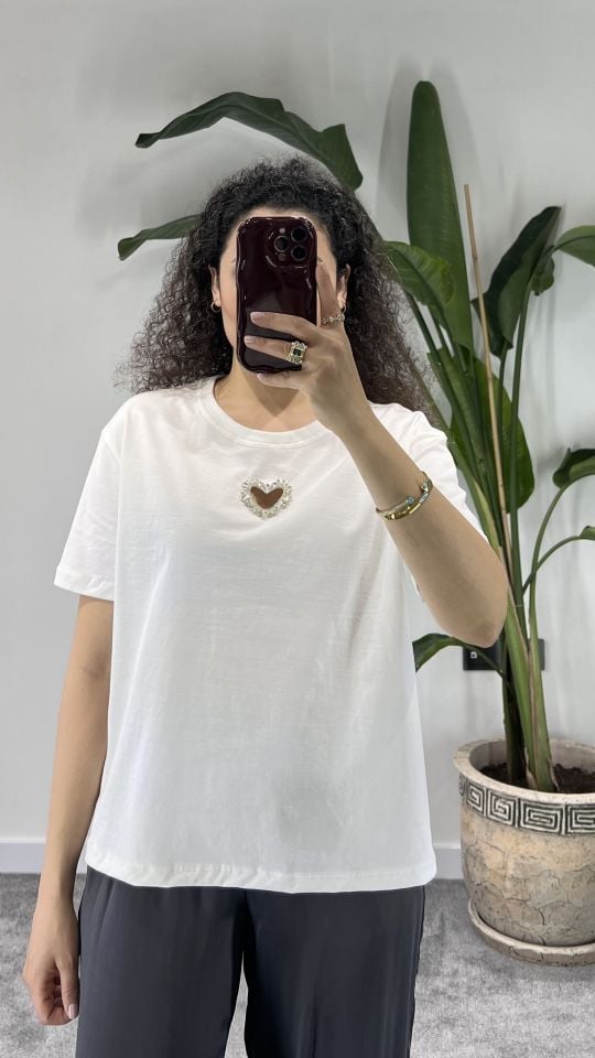 Taş İşlemeli Ekru Tshirt