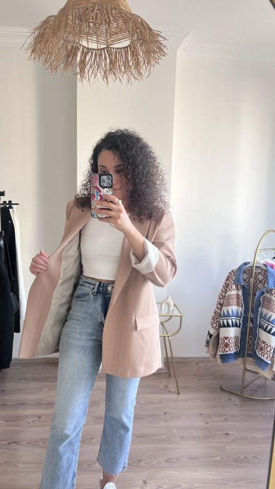 Quzu Blazer Ceket Bej Çizgili