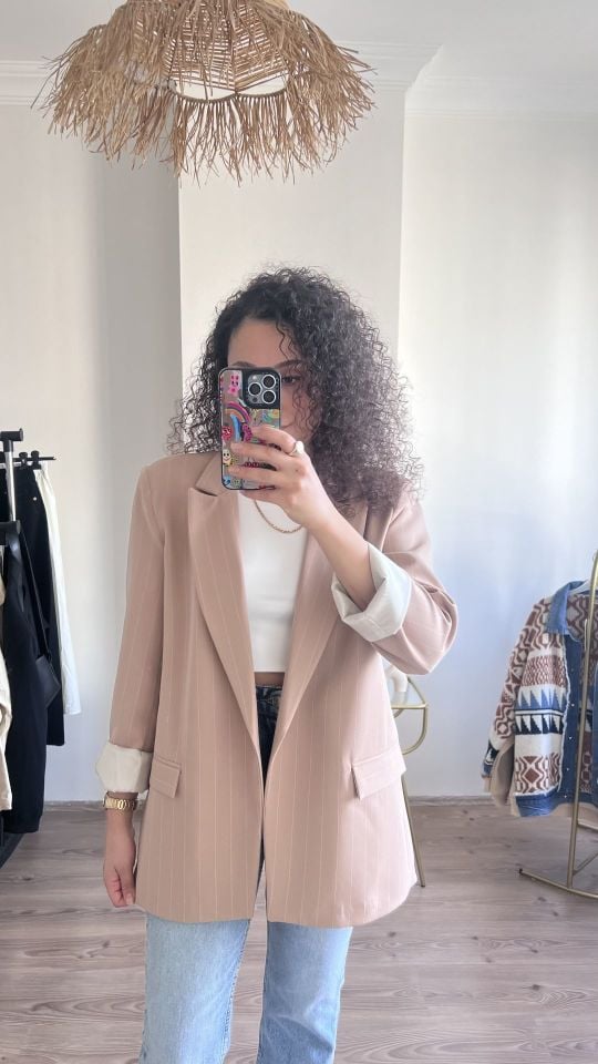 Quzu Blazer Ceket Bej Çizgili