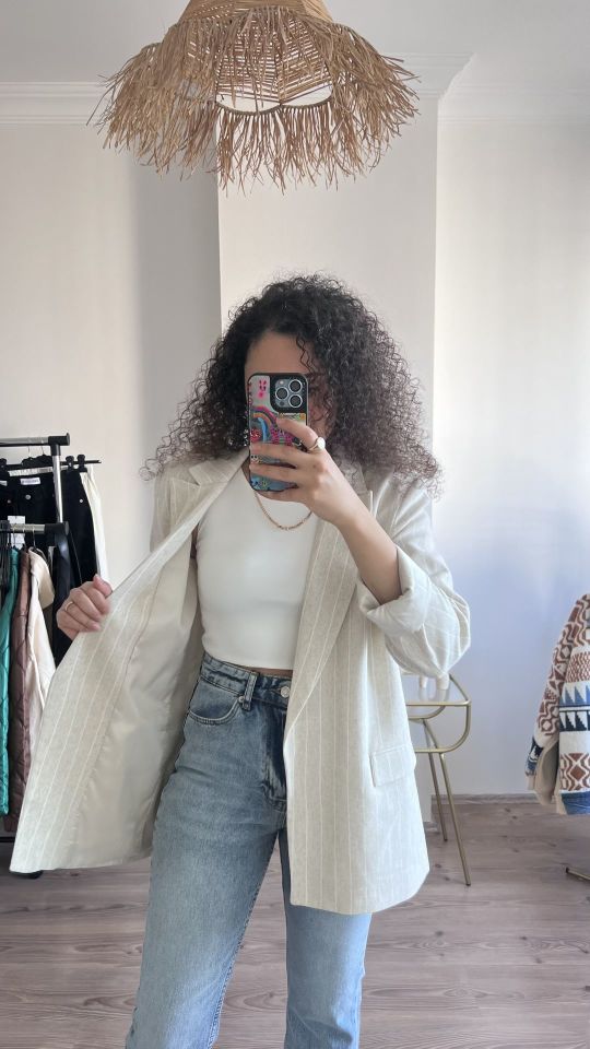 Quzu Blazer Ceket Natural Çizgili