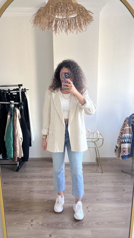 Quzu Blazer Ceket Natural Çizgili