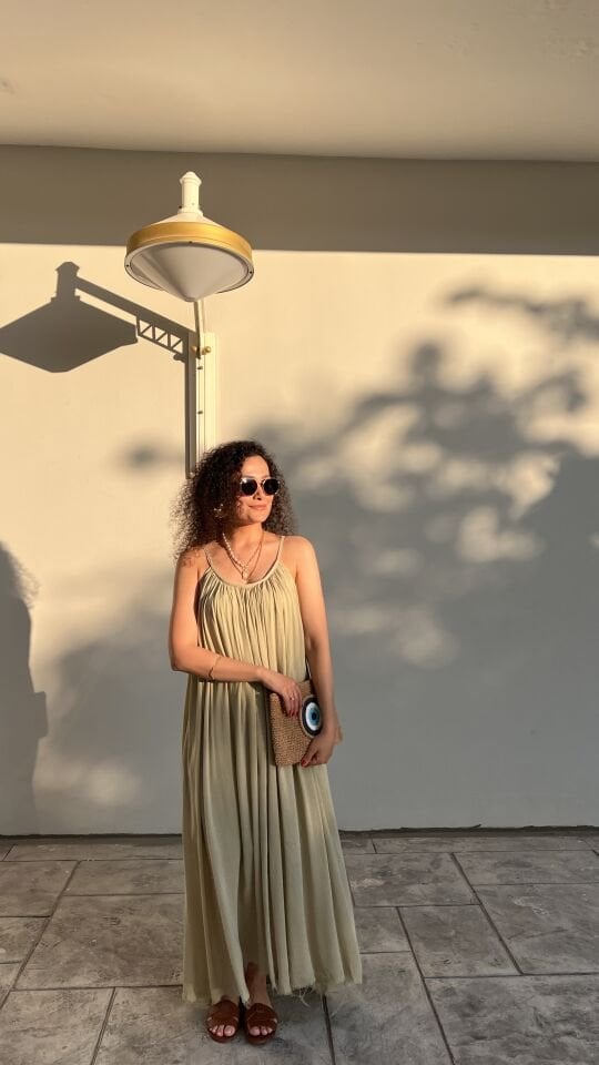 Askılı Yağ Yeşili Pileli Elbise