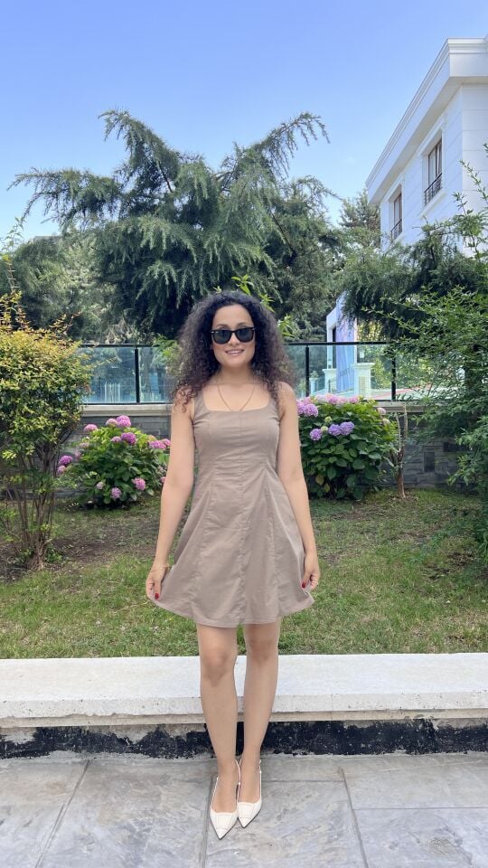 Poplin Kumaş Vizon Kısa Elbise