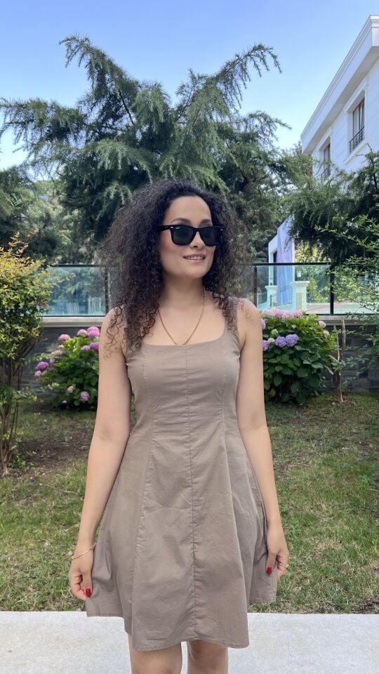 Poplin Kumaş Vizon Kısa Elbise