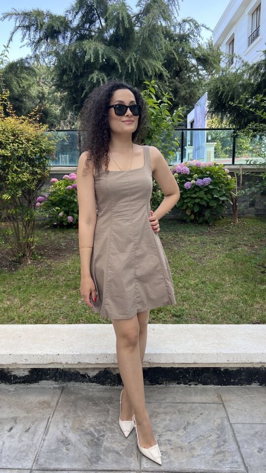 Poplin Kumaş Vizon Kısa Elbise
